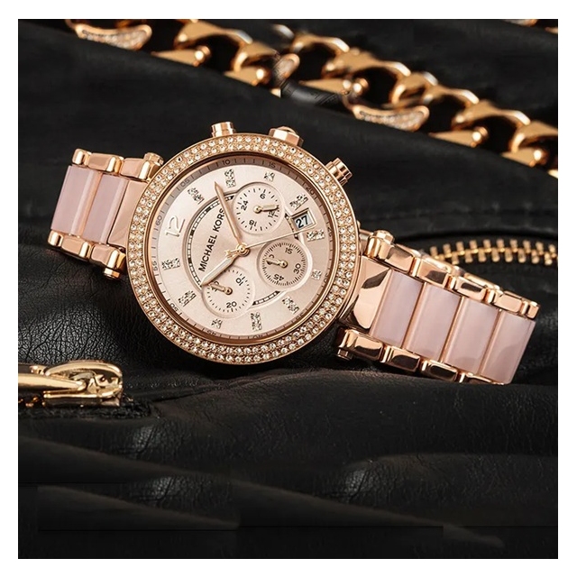 MICHAEL KORS ženske ure MK5896 Parker – rožnato zlata kronograf ura s kristali