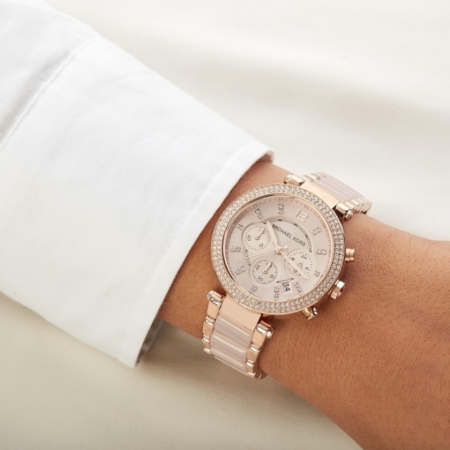 MICHAEL KORS ženske ure MK5896 Parker – rožnato zlata kronograf ura s kristali